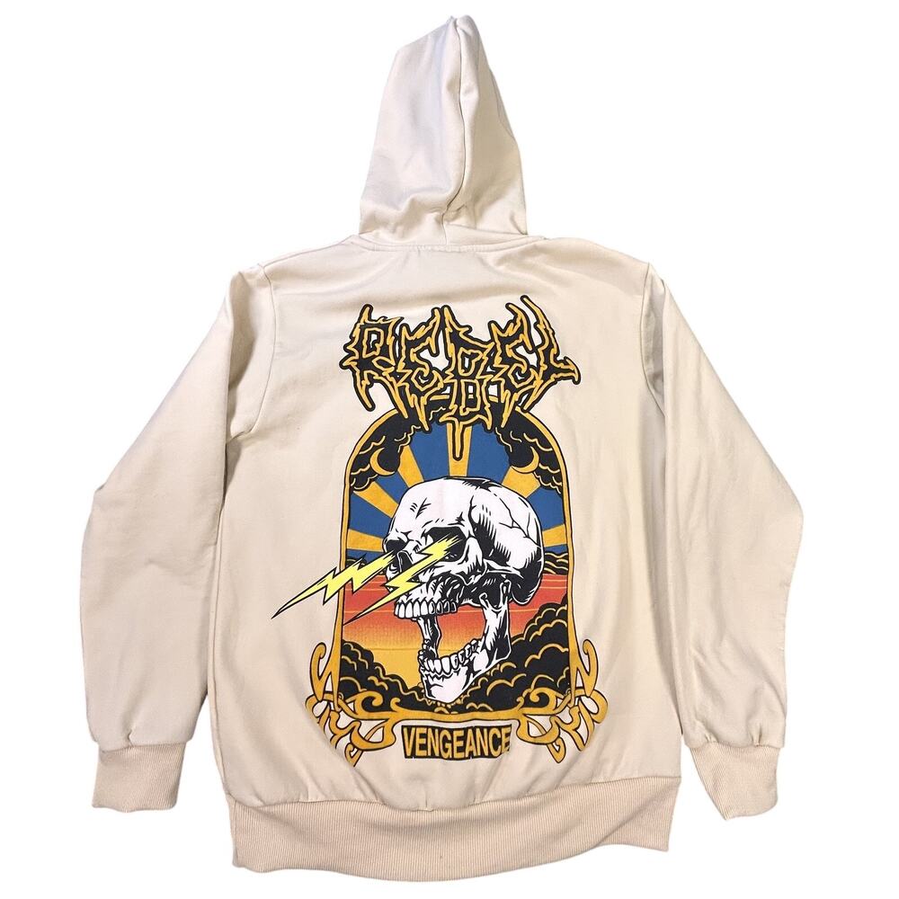 Rebel Vengeance Hoodie Mens Large‎ Beige Graphic Skull Punk Streetwear Pullover